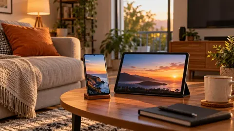 Celular e tablet com paisagens ao pôr do sol, sobre mesa diante de sofá com almofadas.
