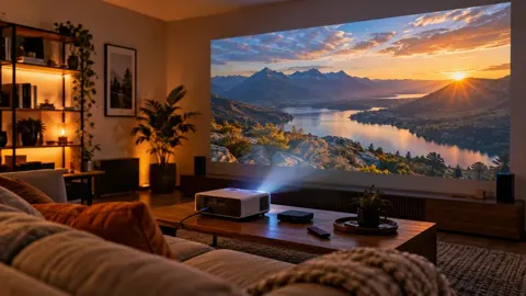 Projetor sobre mesa exibindo lago e montanhas ao pôr do sol em parede de sala de estar.