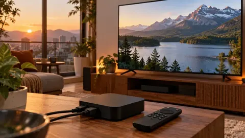 Aparelho de reprodução com cabos e controle remoto em mesa de madeira, televisão com montanhas ao pôr do sol.