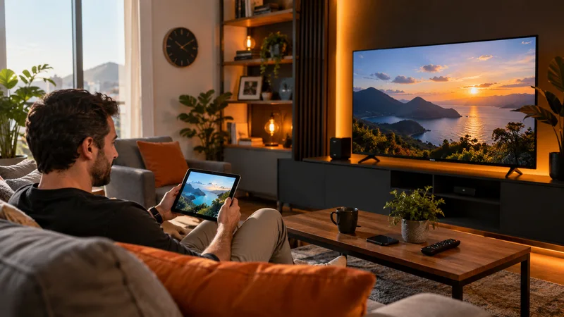 Pessoa no sofá com tablet diante de televisão com paisagem ao entardecer.