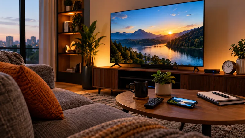 Televisão com montanhas e lago ao pôr do sol, celular e caneca sobre a mesa.