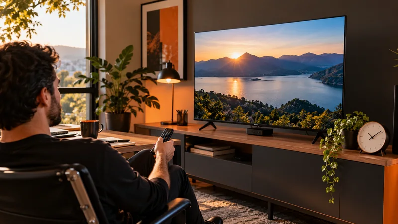 Pessoa no sofá com controle diante de televisão com lago ao pôr do sol; relógio sobre o móvel.