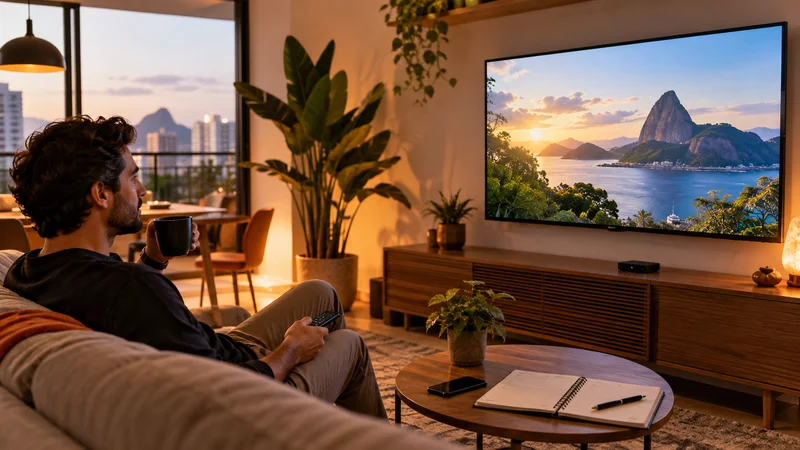 Pessoa diante de televisão com paisagem costeira ao entardecer, com caderno sobre a mesa.