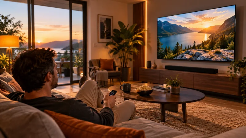 Pessoa no sofá com controle diante de televisão com lago ao entardecer em sala de estar.