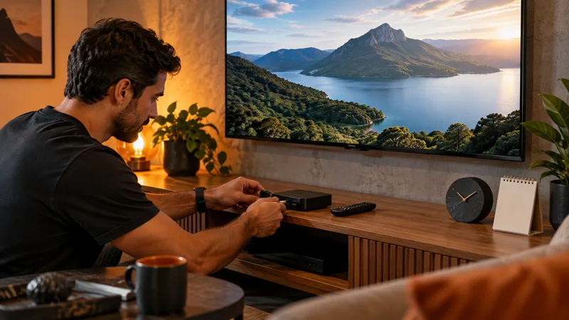 Pessoa conectando pequeno aparelho junto a televisão com lago e montanhas.