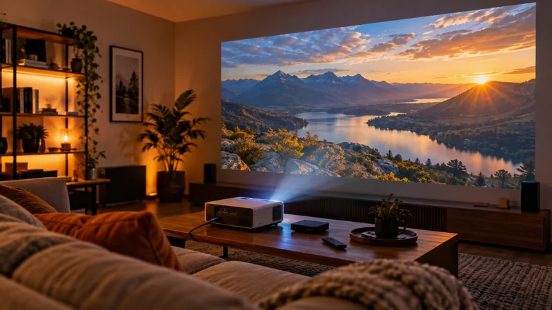 Projetor sobre mesa exibindo lago e montanhas ao pôr do sol em parede de sala de estar.