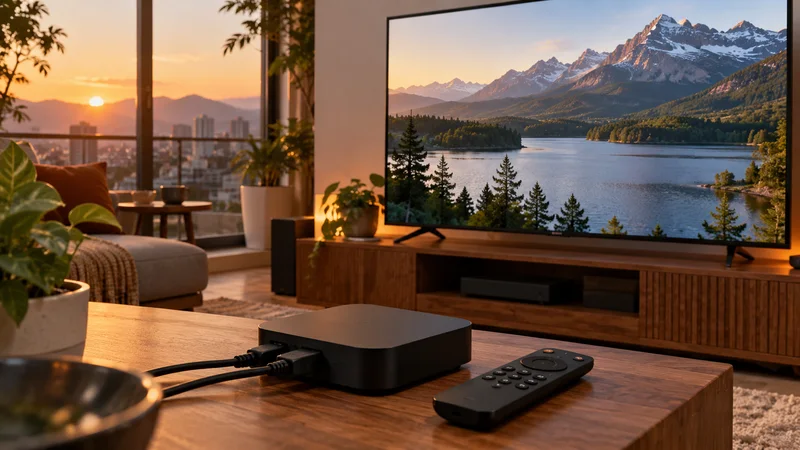 Aparelho de reprodução com cabos e controle remoto em mesa de madeira, televisão com montanhas ao pôr do sol.