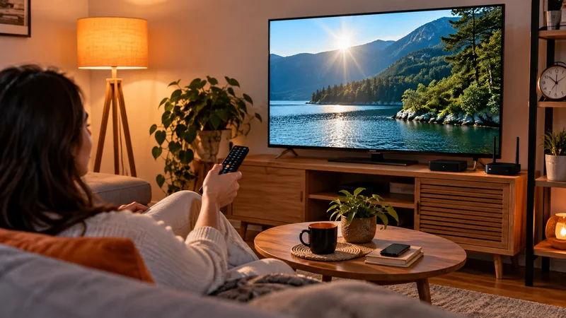 Pessoa no sofá com controle remoto diante de televisão com paisagem de lago e montanhas.