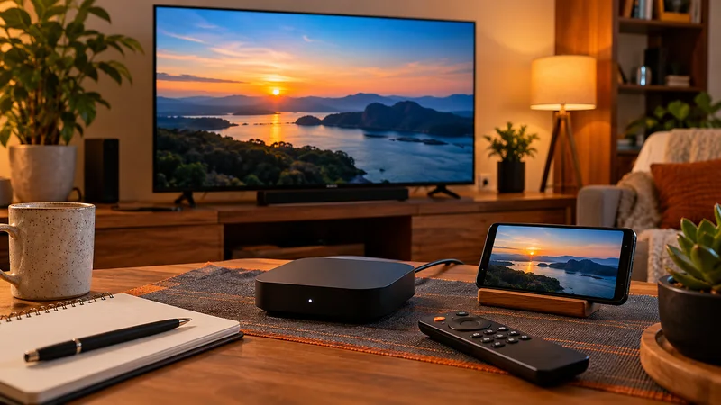 Televisão e tela auxiliar com paisagem ao pôr do sol; aparelho de reprodução e controle sobre a mesa.